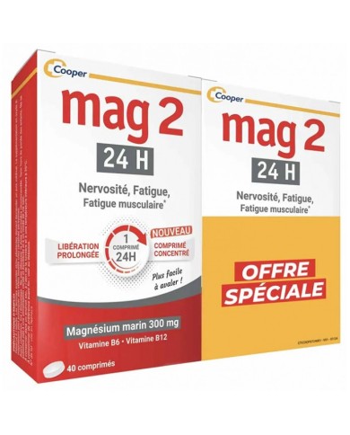 MAG 2 24H Complément alimentaire à base de magnésium marin  Lot de 2 Boites de 40 comprimés