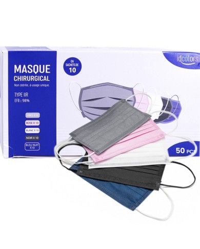Masques chirurgicaux jetables Adultes Boite de 10 x 5 couleurs