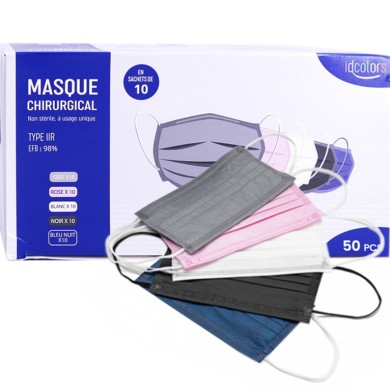 Masques chirurgicaux jetables Adultes Boite de 10 x 5 couleurs Masques chirurgicaux jetables Adultes Boite de 10 x 5 couleurs