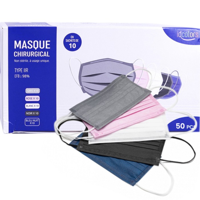 Masques chirurgicaux jetables Adultes Boite de 10 x 5 couleurs Masques chirurgicaux jetables Adultes Boite de 10 x 5 couleurs