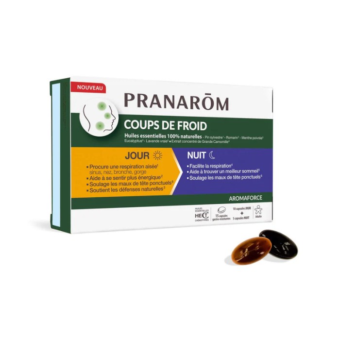PRANAROM Aromaforce Capsules Coups de froid jour / nuit Boite de 10 jour + 5 capsules nuit PRANAROM Aromaforce Capsules Coups de froid jour / nuit Boite de 10 jour + 5 capsules nuit