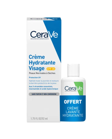 CeraVe Crème Hydratante Visage SPF30 Tube de 52 ml + creme lavante 20 ml offerte