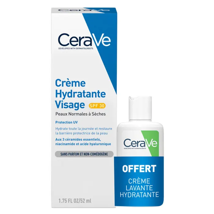CeraVe Crème Hydratante Visage SPF30 Tube de 52 ml + creme lavante 20 ml offerte
