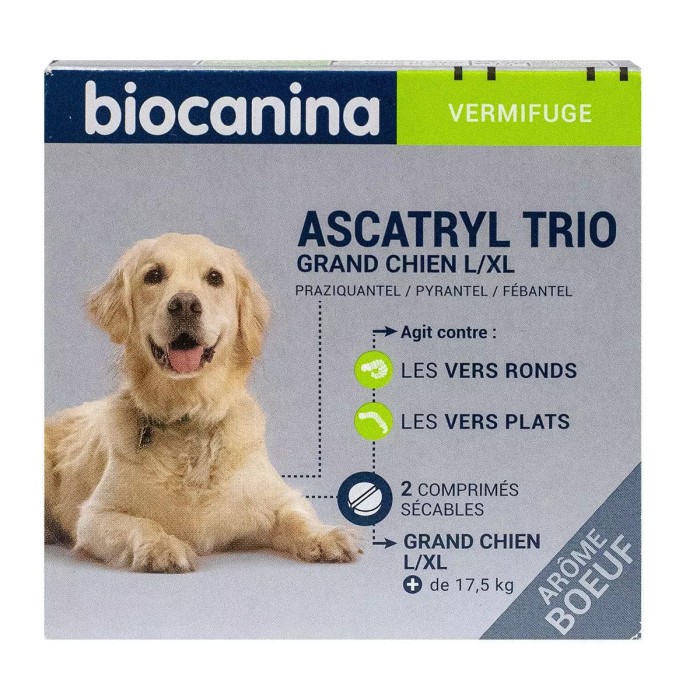 Biocanina Ascatryl Trio vermifuge grand chien Boite de 2 comprimés bœuf