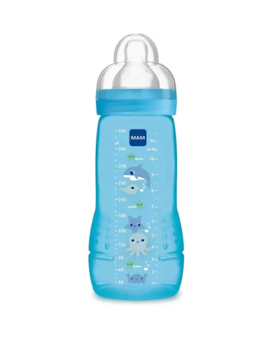 MAM Biberon 2ème âge Décoré - 330ml - à partir de 6 mois - Tétine Débit X - Bleu
