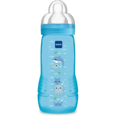 MAM Biberon 2ème âge Décoré - 330ml - à partir de 6 mois - Tétine Débit X - Bleu