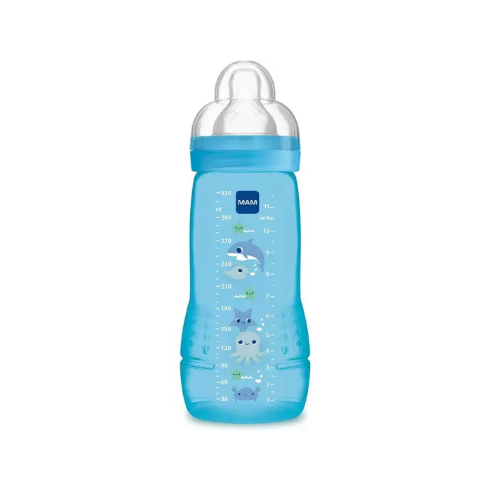 MAM Biberon 2ème âge Décoré - 330ml - à partir de 6 mois - Tétine Débit X - Bleu
