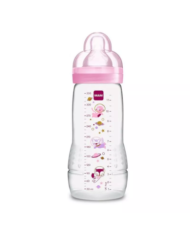 MAM Biberon Deuxième Age Rose, 330 ml, à partir de 6 Mois, Tétine Débit X, Rose