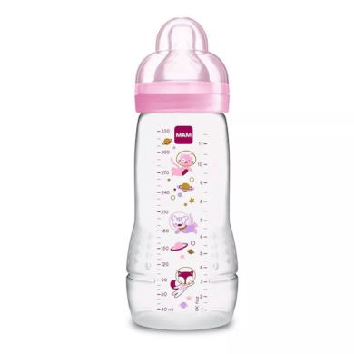 MAM Biberon Deuxième Age Rose, 330 ml, à partir de 6 Mois, Tétine Débit X, Rose