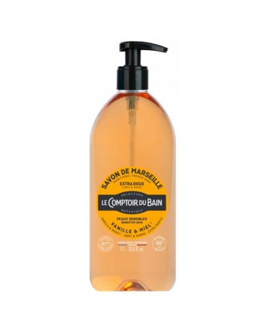 LE COMPTOIR DU BAIN Savon traditionnel de Marseille VANILLE - MIEL Flacon de 1 litre