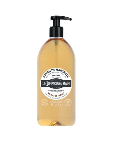 LE COMPTOIR DU BAIN Savon de Marseille Liquide Surgras Beurre de Karité Flacon pompe de1L