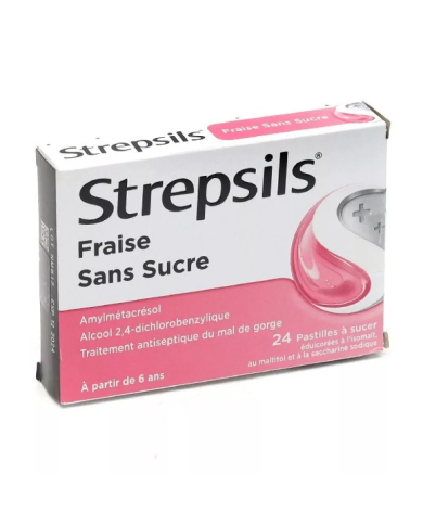Strepsils Fraise Sans Sucre Boite de 24 pastilles