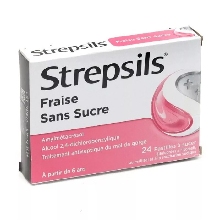 Strepsils Fraise Sans Sucre Boite de 24 pastilles