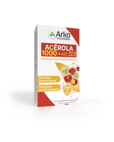 Arkopharma ACEROLA 1000 + Vitamine D3 Boite de 20 comprimés effervescents
