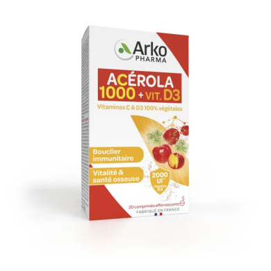 Arkopharma ACEROLA 1000 + Vitamine D3 Boite de 20 comprimés effervescents