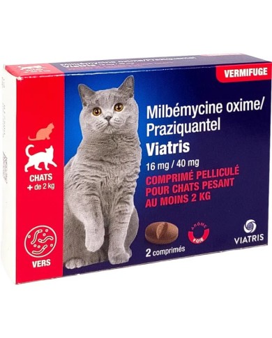 Milbémycine Praziquantel 16mg/40mg Vermifuge chat + 2 kg Boite de 2 comprimés