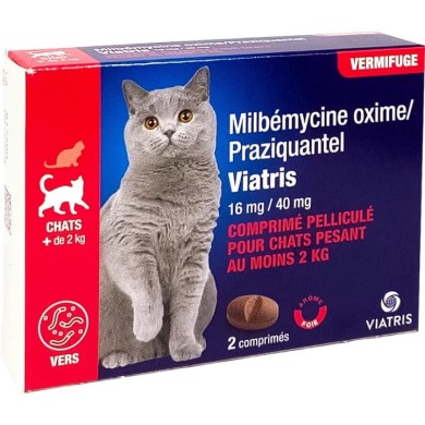 Milbémycine Praziquantel 16mg/40mg Vermifuge chat + 2 kg Boite de 2 comprimés