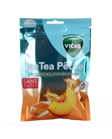 VICKS Bonbons Menthol Sans Sucres Ice Tea Pêche Sachet de 72 g (environ 17 pièces)