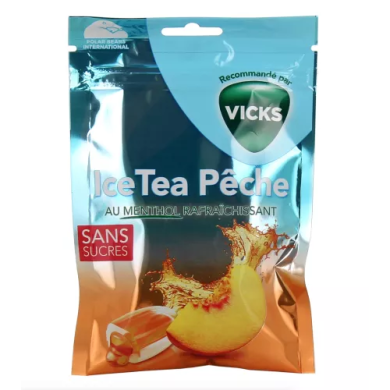 VICKS Bonbons Menthol Sans Sucres Ice Tea Pêche Sachet de 72 g (environ 17 pièces)