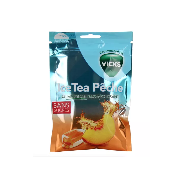 VICKS Bonbons Menthol Sans Sucres Ice Tea Pêche Sachet de 72 g (environ 17 pièces)