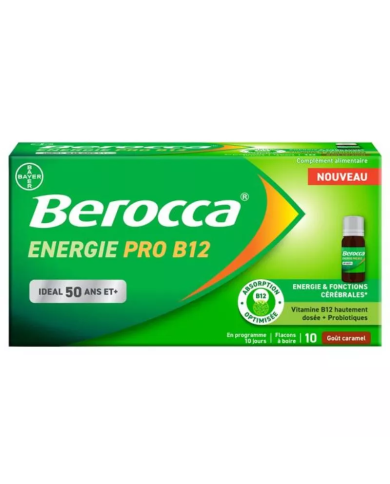 Berocca Énergie Pro B12 50 ans et + Boite de 10 flacons de 10 ml goût caramel