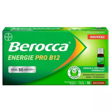 Berocca Énergie Pro B12 50 ans et + Boite de 10 flacons de 10 ml goût caramel