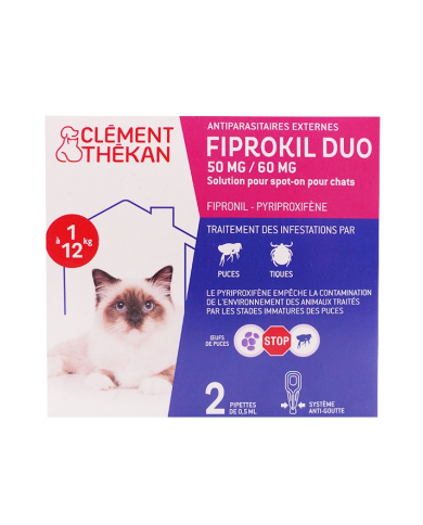 FIPROKIL DUO 50MG/60MG Pour chats de 1 à 123 kilos Boite de 2 pipettes