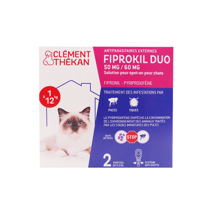 FIPROKIL DUO 50MG/60MG Pour chats de 1 à 12 kilos Boite de 2 pipettes