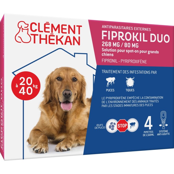 FIPROKIL DUO 268mg/80mg Pour chiens de 20 à 40 kilos Boite de 4 pipettes