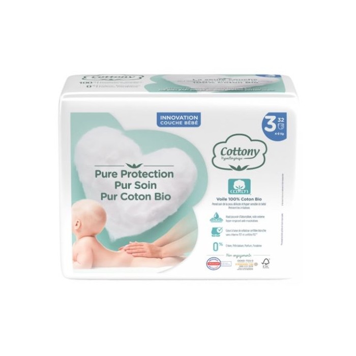 COTTONY Couche hypoallergénique pour bébé Taille 3 de 4 à 9 kilos Sachet de 32 couches