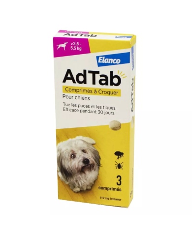 ADTAB Tue les puces et les tiques Chien de  2.5 à 5.5 kilos Boite de 3 Comprimés à Croquer