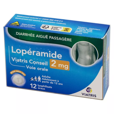 LOPERAMIDE 2mg Viatris Diarrhées aigües passagères Boite de 12 lyocs