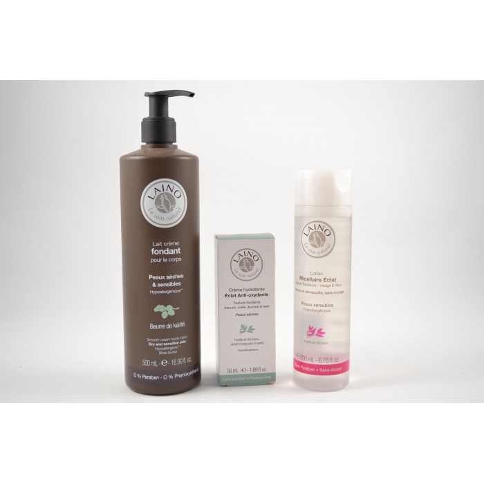 LAINO Offre Peaux sèches : 1 lotion micellaire offerte pour l'achat d' 1 lait fondant + 1 crème hydratante anti-oxydante