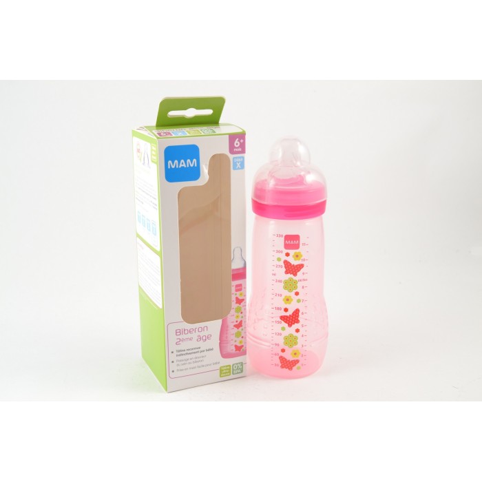 MAM Biberon Deuxième Age Rose, 330 ml, à partir de 6 Mois, Tétine Débit X, Rose MAM - 1
