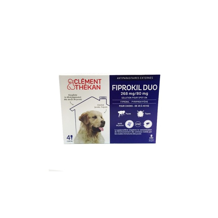 FIPROKIL DUO 268mg/80mg Pour chiens de 20 à 40 kilos Boite de 4 pipettes FIPROKIL DUO 268mg/80mg Pour chiens de 20 à 40 kilos Boite de 4 pipettes