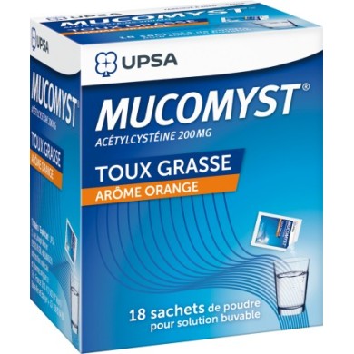 MUCOMYST ACETYLCYSTEINE Poudre arôme orange pour toux grasse Boite de 18 sachets MUCOMYST ACETYLCYSTEINE Poudre arôme orange pour toux grasse Boite de 18 sachets