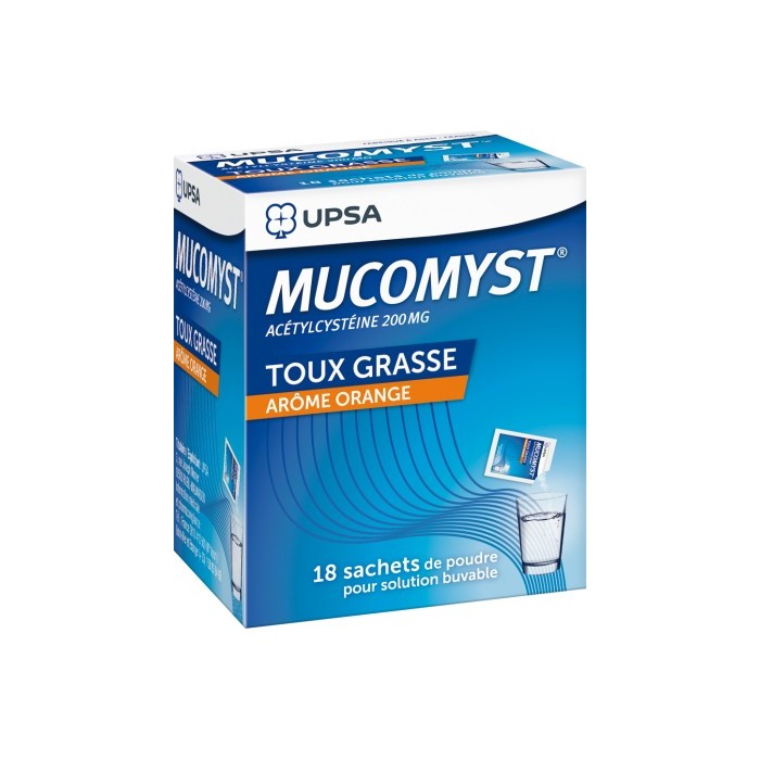 MUCOMYST ACETYLCYSTEINE Poudre arôme orange pour toux grasse Boite de 18 sachets MUCOMYST ACETYLCYSTEINE Poudre arôme orange pour toux grasse Boite de 18 sachets