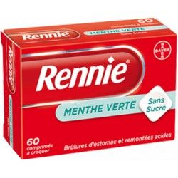 RENNIE Menthe verte sans sucre Comprimés à croquer Boite de 60 BAYER SANTÉ FAMILIALE - 1 RENNIE Menthe verte sans sucre Comprimés à croquer Boite de 60 BAYER SANTÉ FAMILIALE - 1