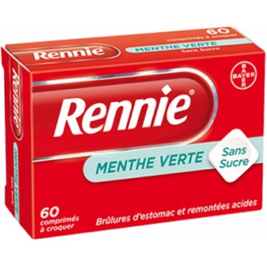 RENNIE Menthe verte sans sucre Comprimés à croquer Boite de 60 BAYER SANTÉ FAMILIALE - 1 RENNIE Menthe verte sans sucre Comprimés à croquer Boite de 60 BAYER SANTÉ FAMILIALE - 1