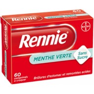 RENNIE Menthe verte sans sucre Comprimés à croquer Boite de 60 BAYER SANTÉ FAMILIALE - 1 RENNIE Menthe verte sans sucre Comprimés à croquer Boite de 60 BAYER SANTÉ FAMILIALE - 1
