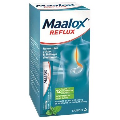 MAALOX REFLUX Remontées acide et brûlures d'estomac Boite de 12 sachets buvables.