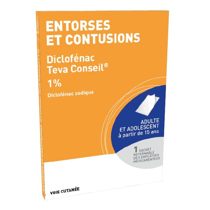 DICLOFENAC TEVA CONSEIL 1%, emplâtre médicamenteux pour entorses et contusions Boite de 5 TEVA - 1