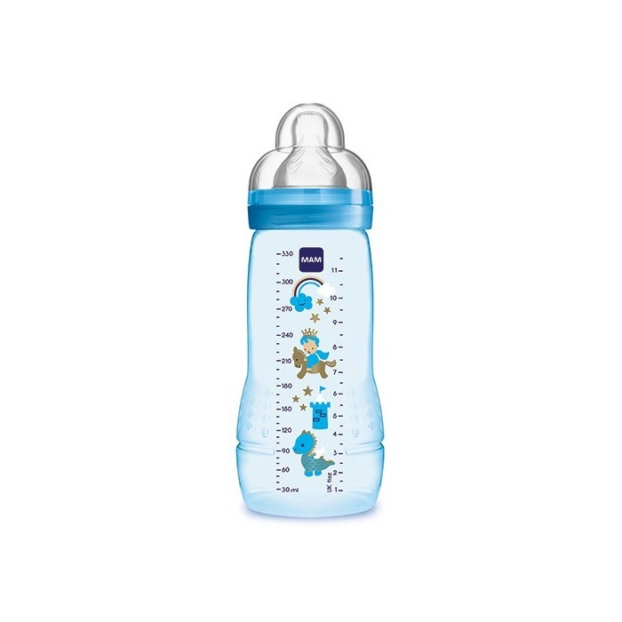 MAM Biberon 2ème âge Décoré - 330ml - à partir de 6 mois - Tétine Débit X - Bleu MAM - 1
