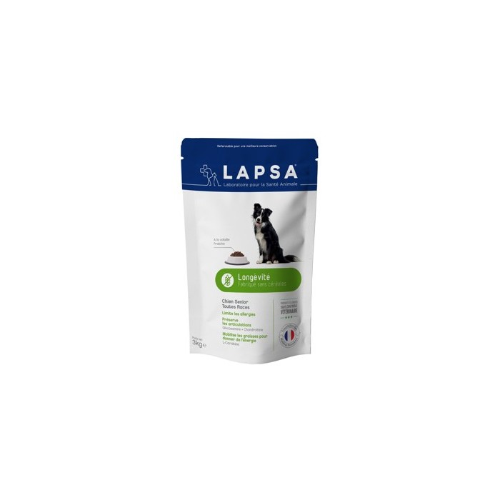 LAPSA Croquette LONGEVITE chiens SENIOR+ 7 ans toutes races Sachet de 3 kilos LAPSA Croquette LONGEVITE chiens SENIOR+ 7 ans toutes races Sachet de 3 kilos
