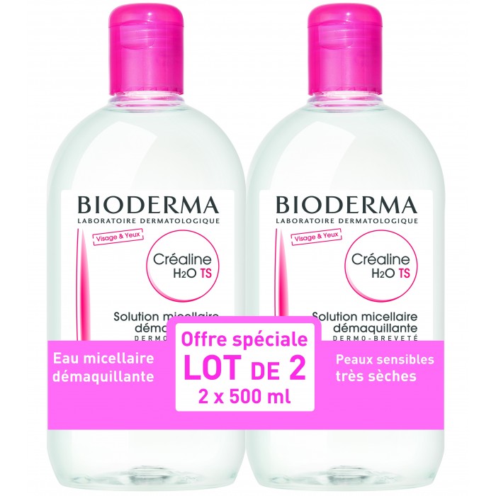 BIODERMA CREALINE TS H2O Solution Micellaire sans parfum nettoyante apaisante 2 Flacons de 500ml Bioderma - 1