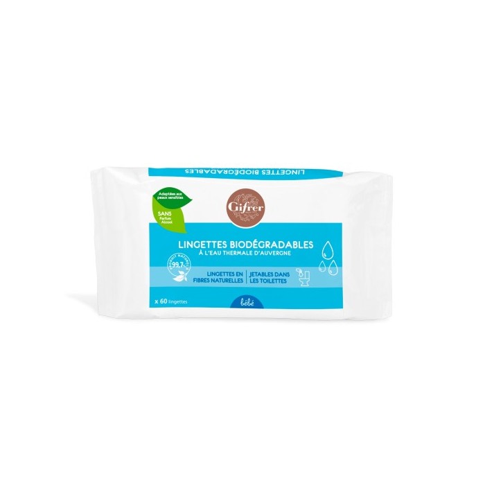GIFRER Lingettes Biodégradables à l'eau thermale d'Auvergne Sachet de 60 lingettes