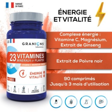 GRANIONS 23 Vitamines Minéraux et Plantes Energie Vitalité Flacon de 90 comprimés