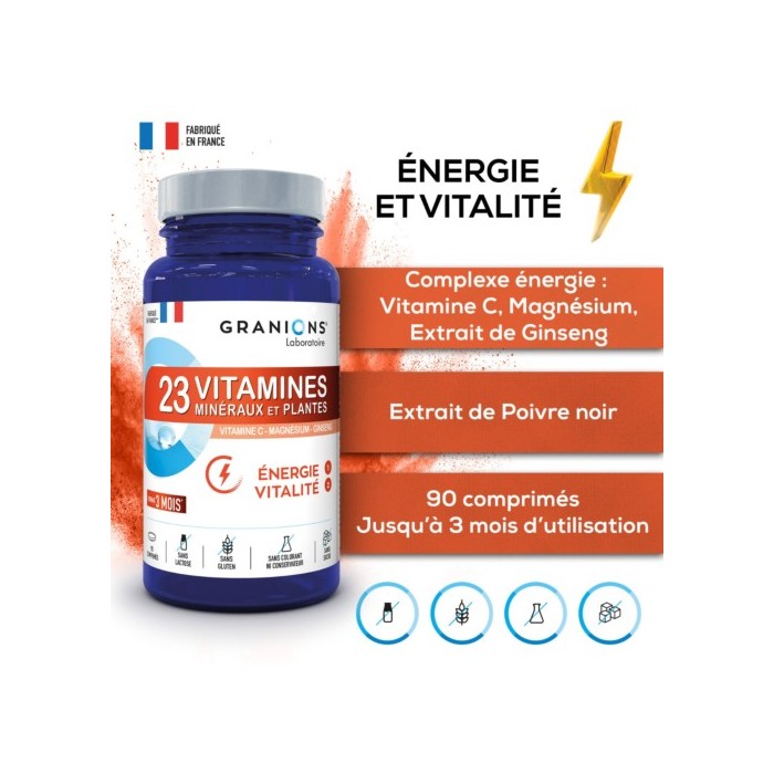 GRANIONS 23 Vitamines Minéraux et Plantes Energie Vitalité Flacon de 90 comprimés